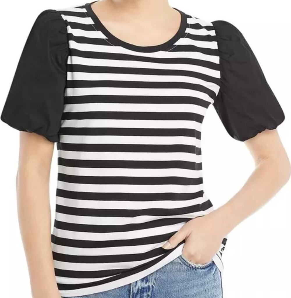 Karl Lagerfeld Collegiate Stripe Tee Poof Puff Sleeve Knitted White Black Small